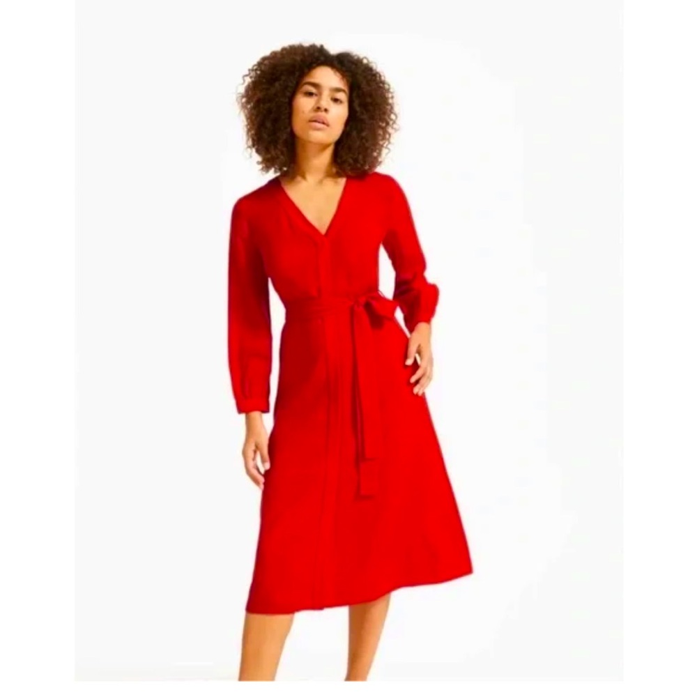 Everlane The Cupro Blouson Dress Size 4 Tomato Red Belted Button Front